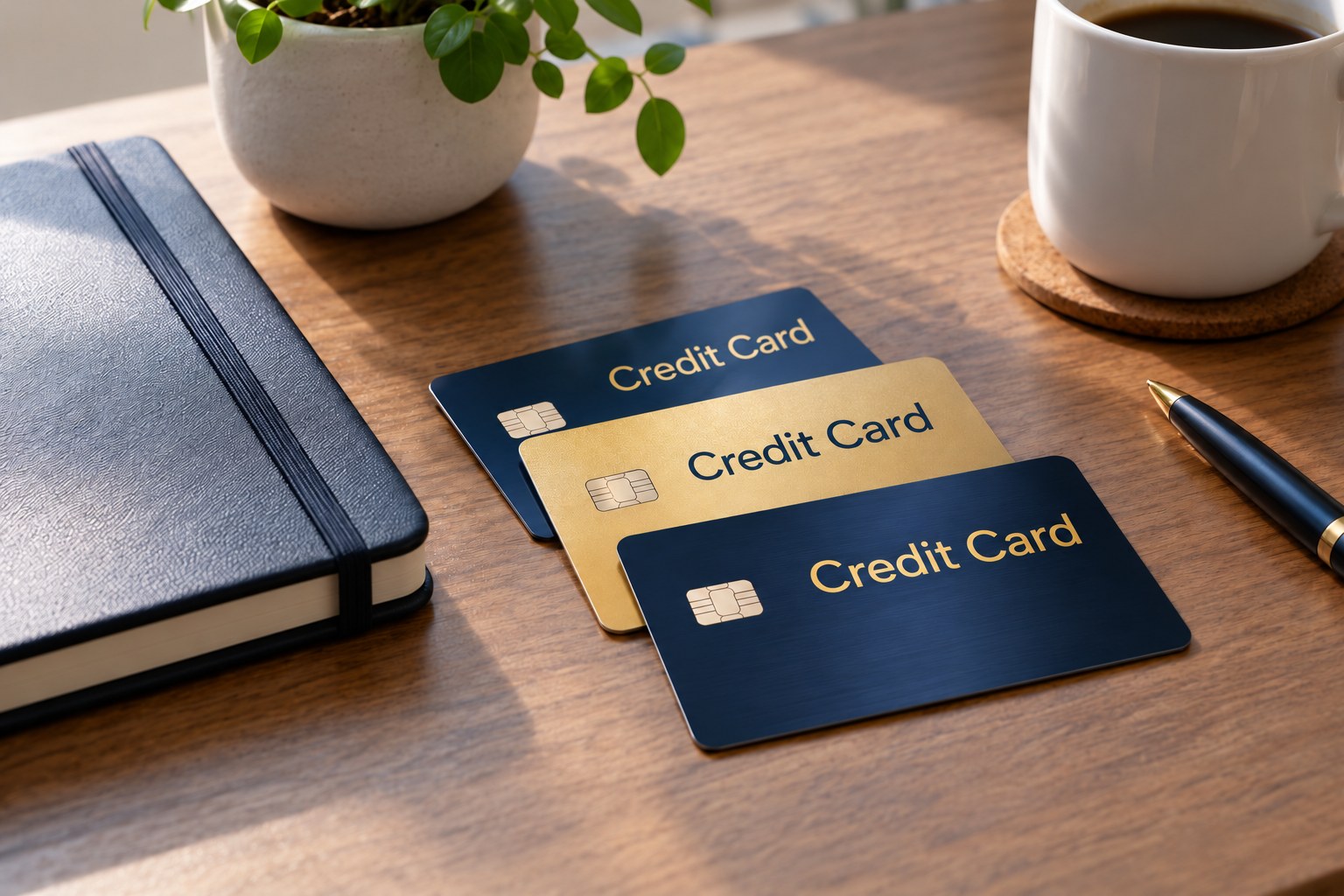 Navy and gold credit cards on a desk
