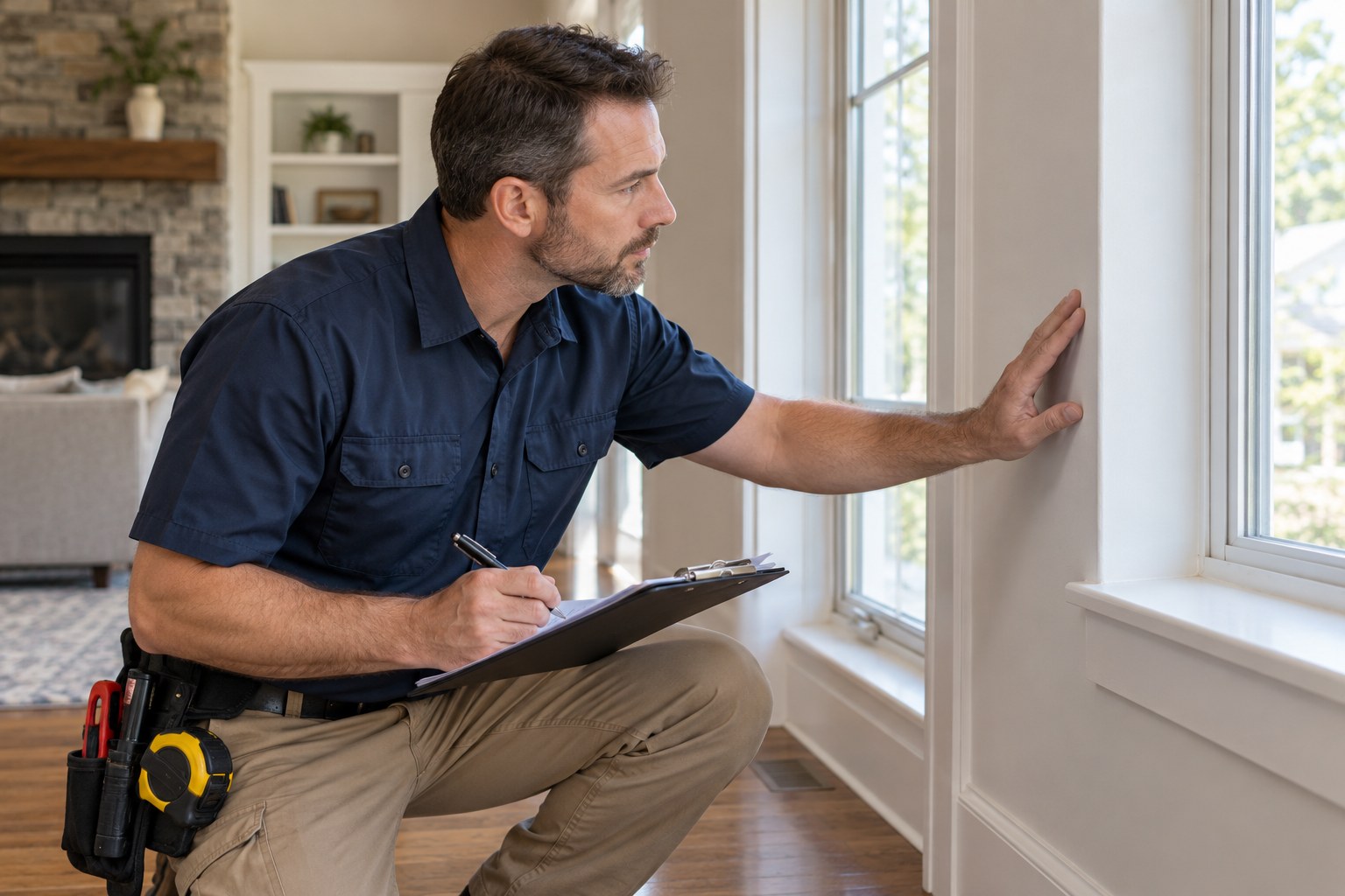 Home inspector examining a home with a clipboard