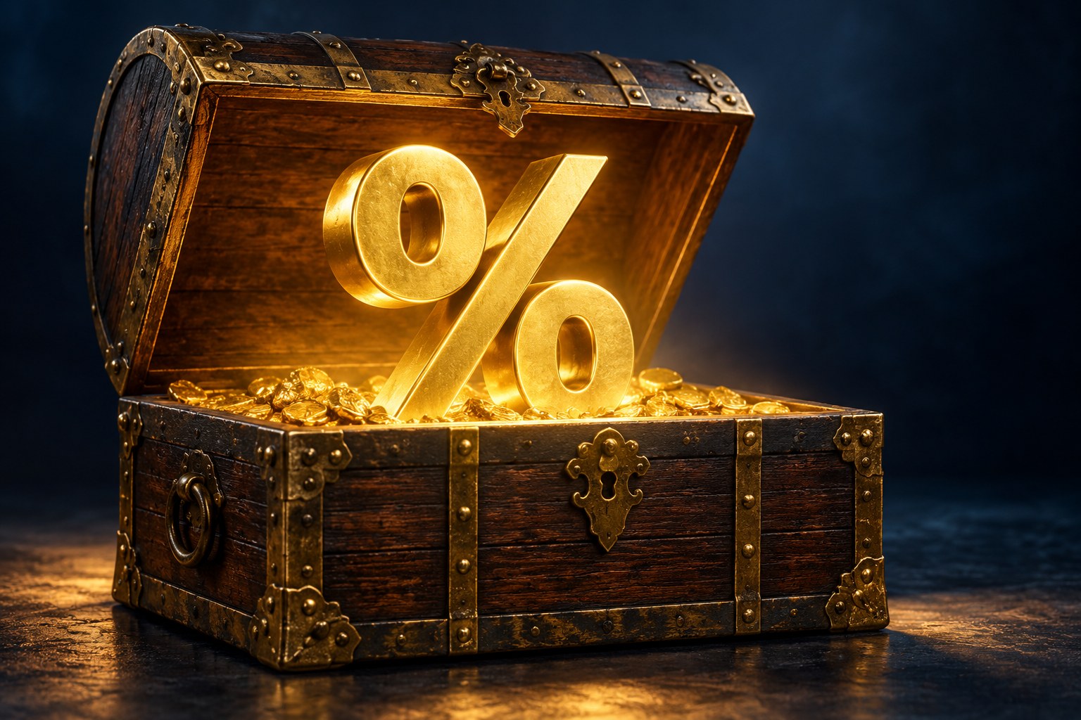 A glowing percentage symbol in a treasure chest