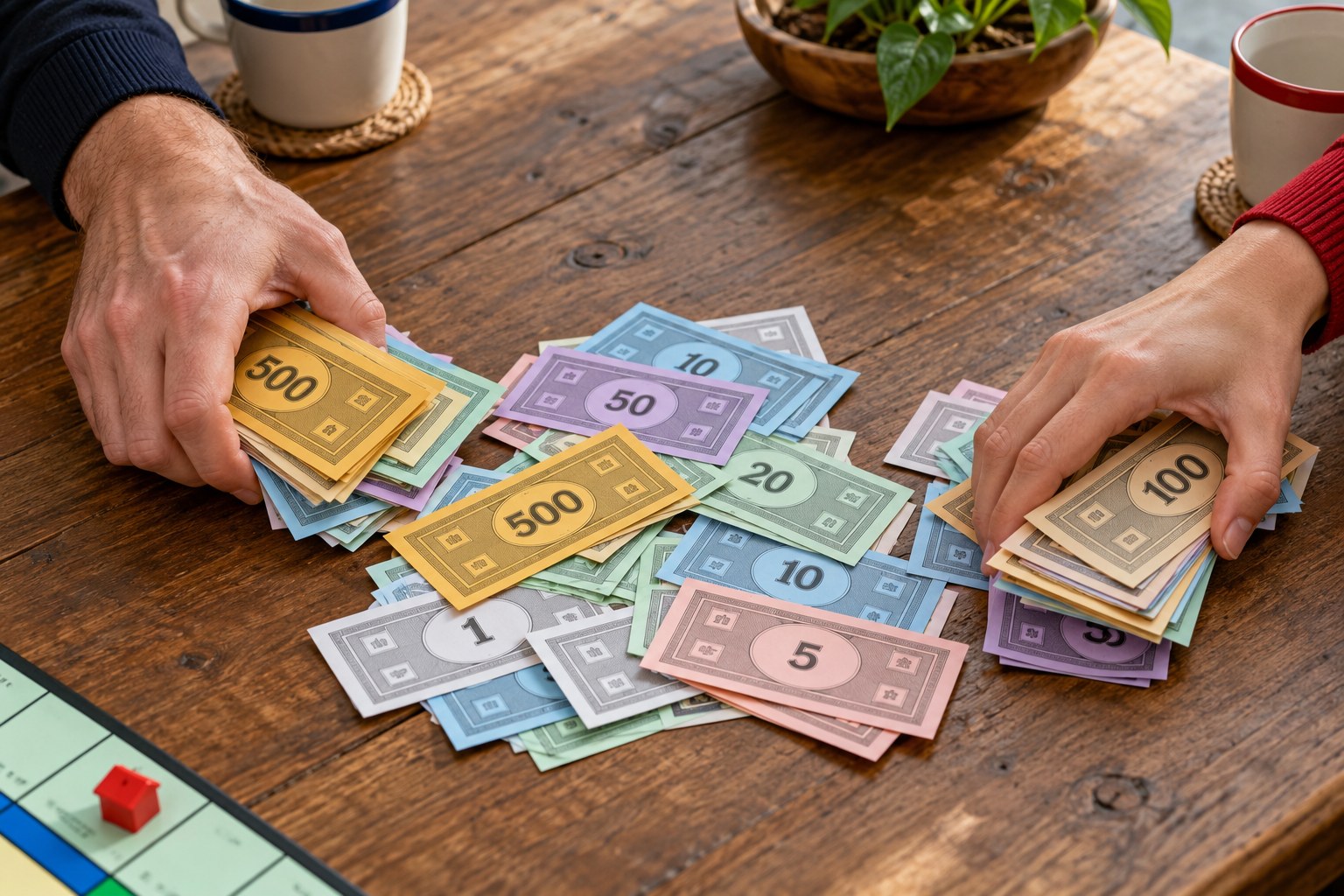 Hands dividing board-game money