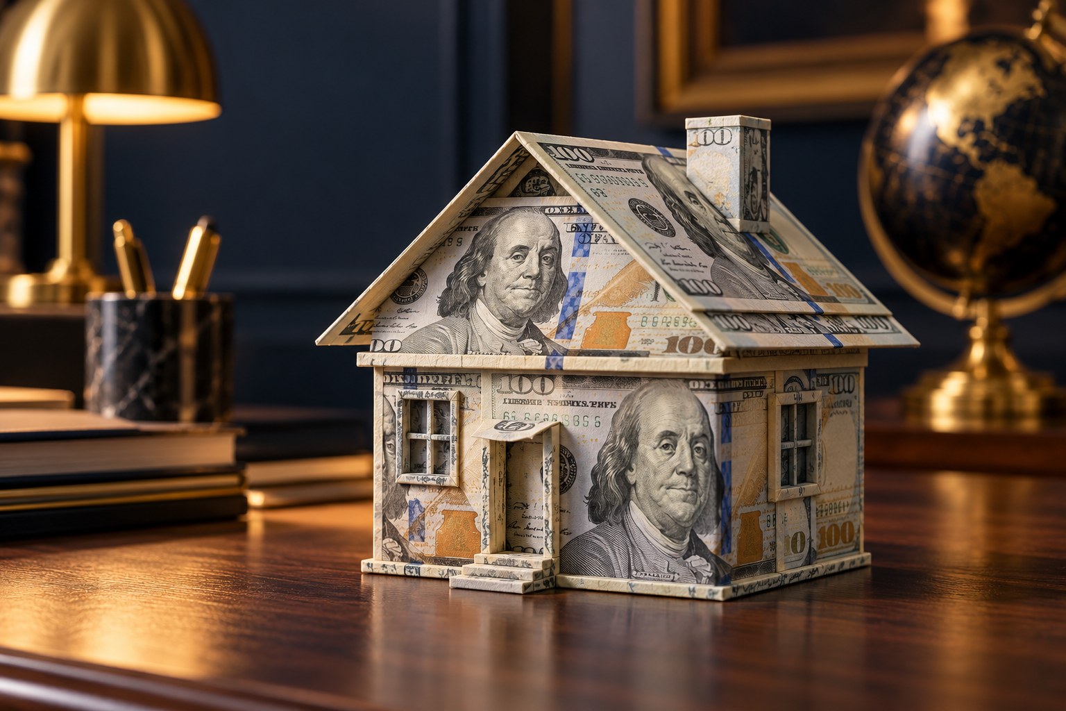 A model house made from hundred-dollar bills